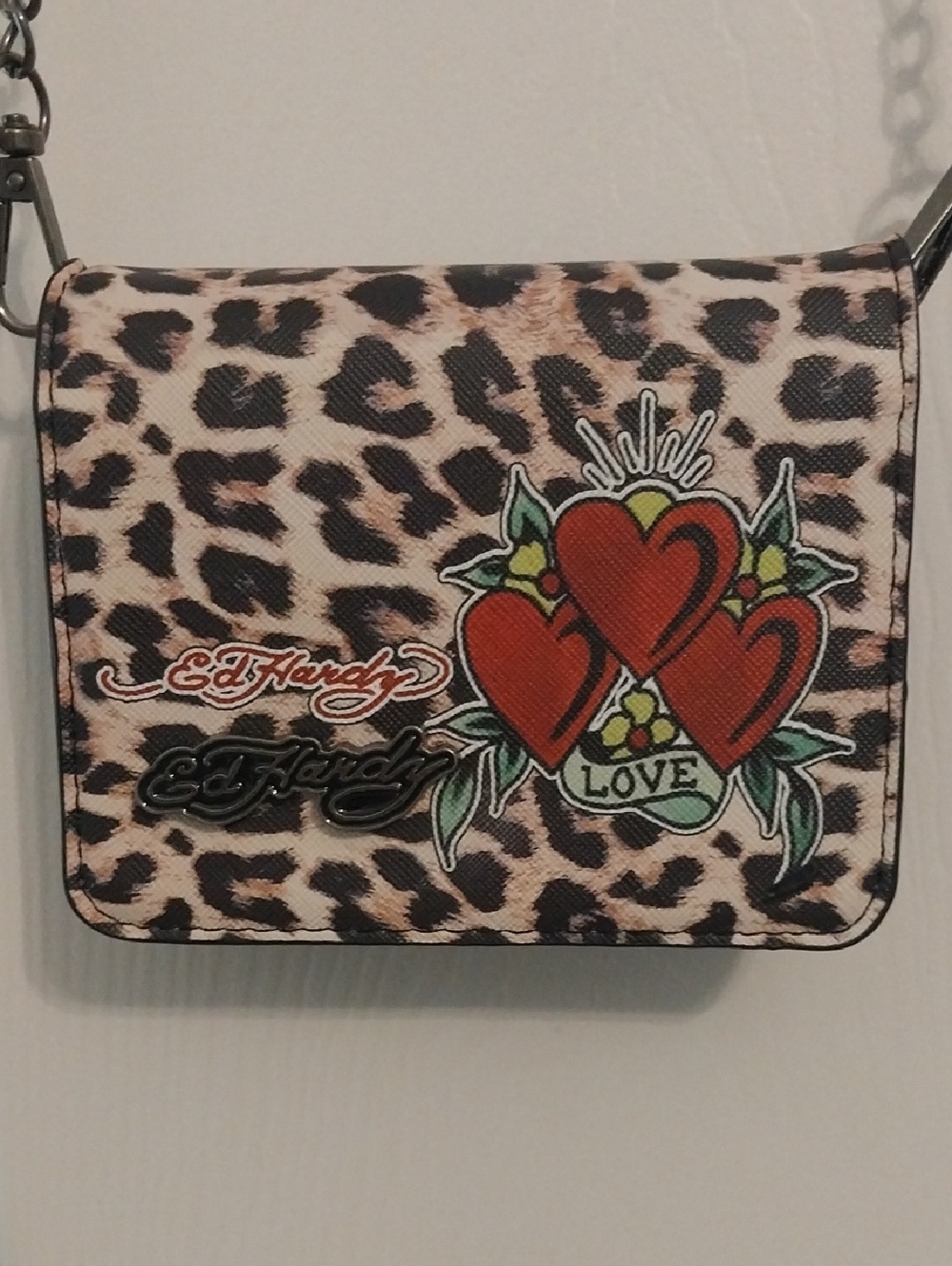Ed Hardy Leopard Print Crossbody Bag with Red Heart Tattoo Motif